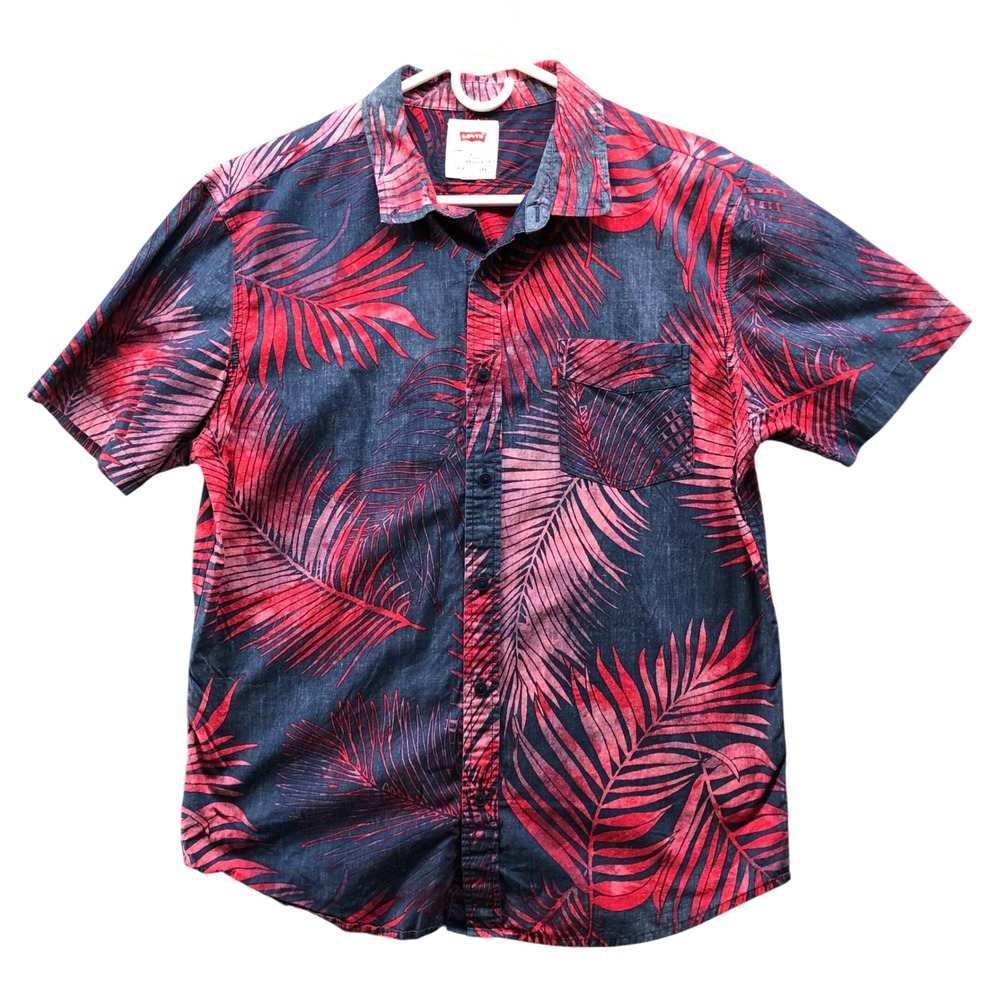 Levis‎ Hawaiian Shirt Mens L Red Blue Palm Print Short Sleeve Button Up Cotton